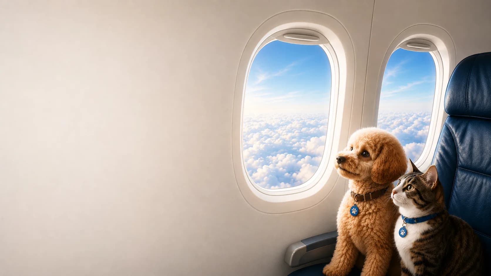 飛行機の窓辺で空を見つめる犬と猫